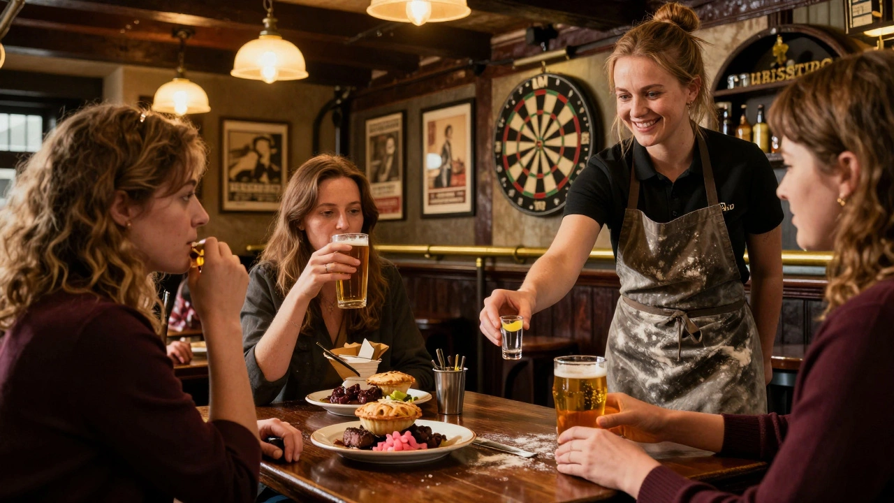 A group of women enjoying pie and beer in a traditional British pub with warm wooden interiors.