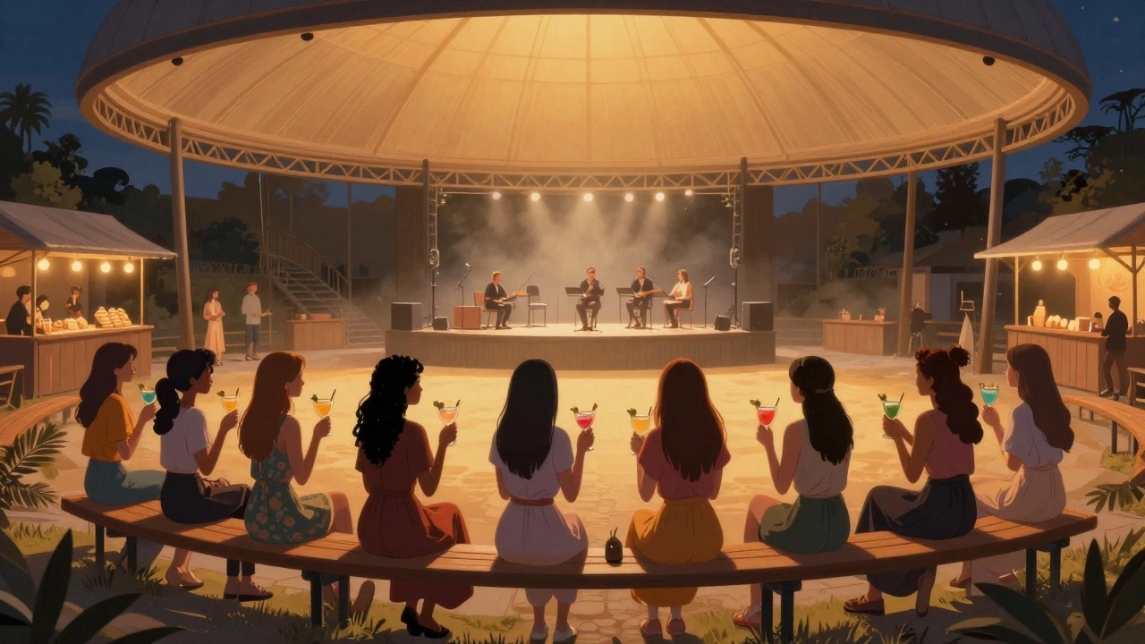 A group of women relaxing on a bench at an open-air concert venue, enjoying drinks under a glowing dome.