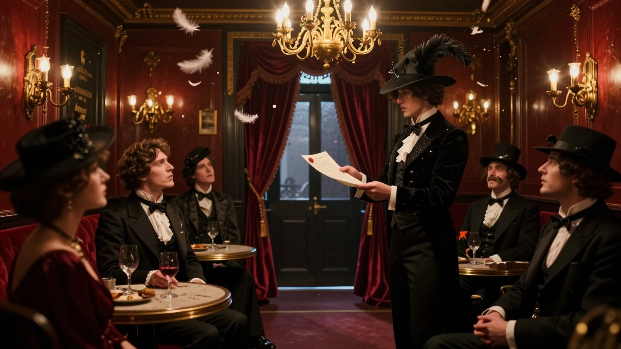A guest is handed a wax-sealed contract during a magical Victorian cabaret performance.