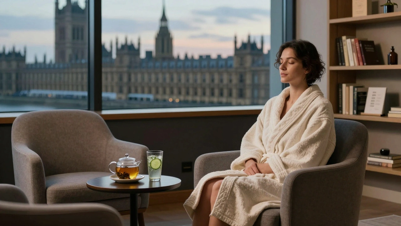 A guest relaxing in a quiet lounge with herbal tea, wrapped in a robe, as soft light streams in from a window.