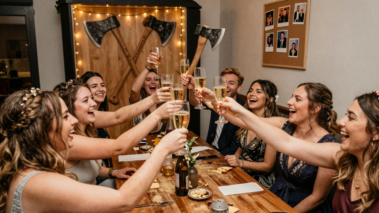 A hen party group celebrating with drinks and a custom axe keepsake, covered in wood dust, in a cozy venue corner.