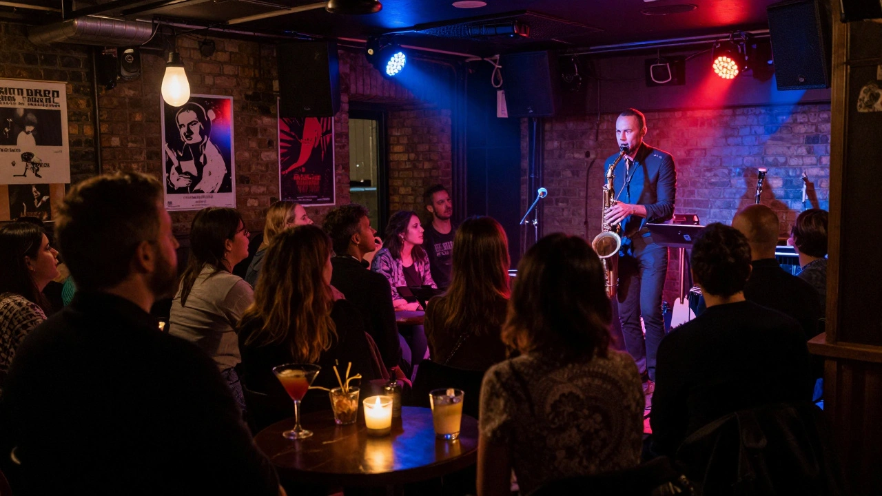 A lively jazz bar in Shoreditch with a saxophonist performing and patrons enjoying cocktails under dim lights.