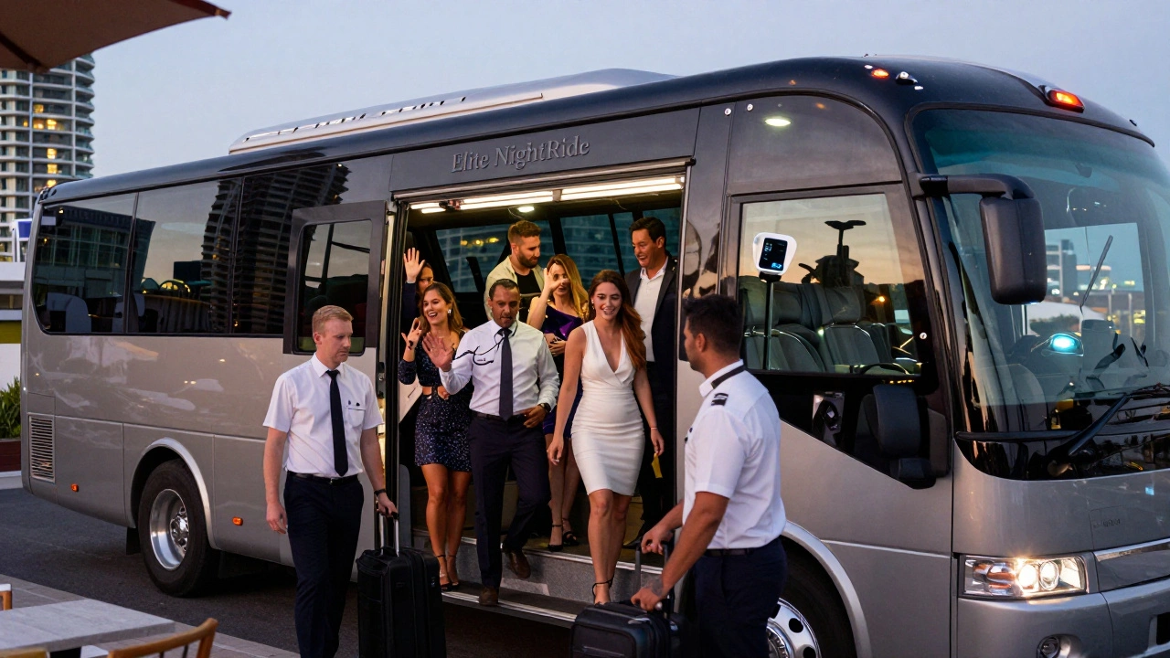 A luxury coach waiting at a rooftop bar at 2 a.m., with guests boarding as staff assist them safely.