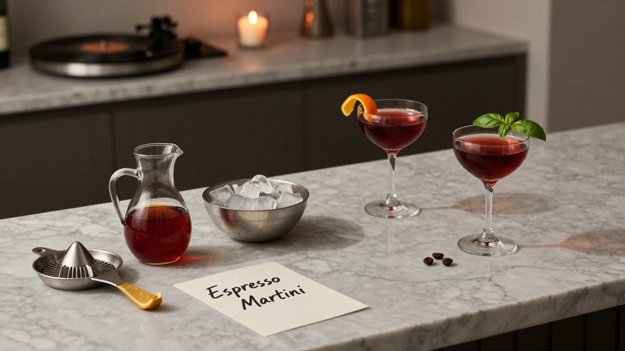 A neatly arranged home bar station with syrup, ice, and garnished cocktails under soft light.