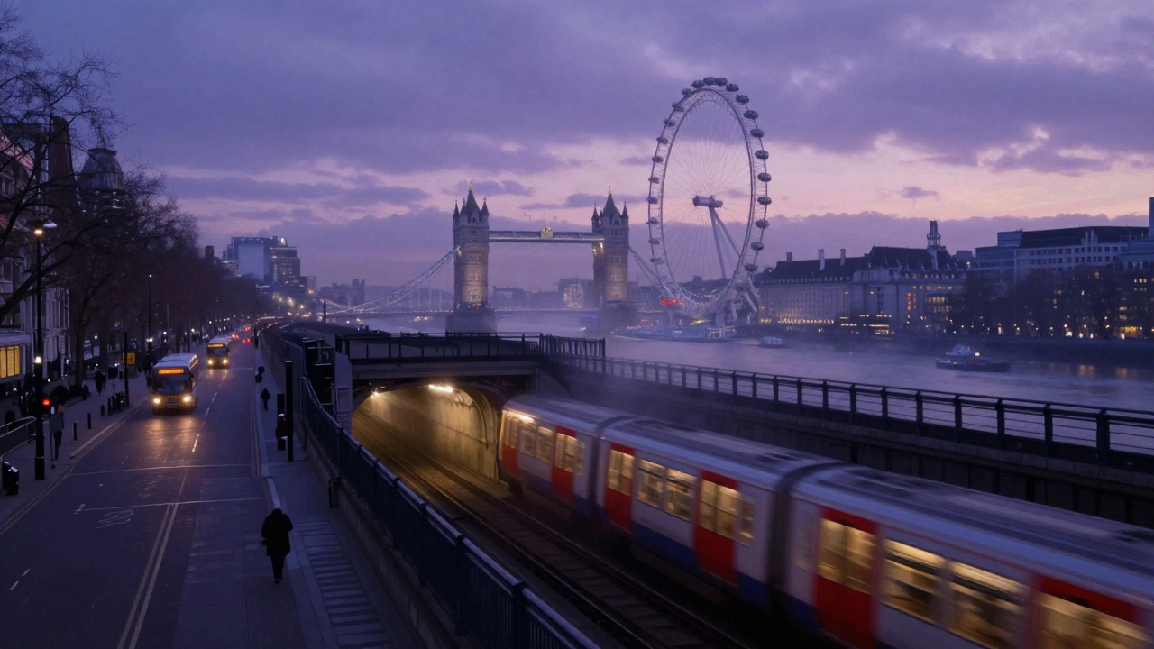 A Night Tube train emerging from a tunnel under London at dawn, with night buses on the streets.