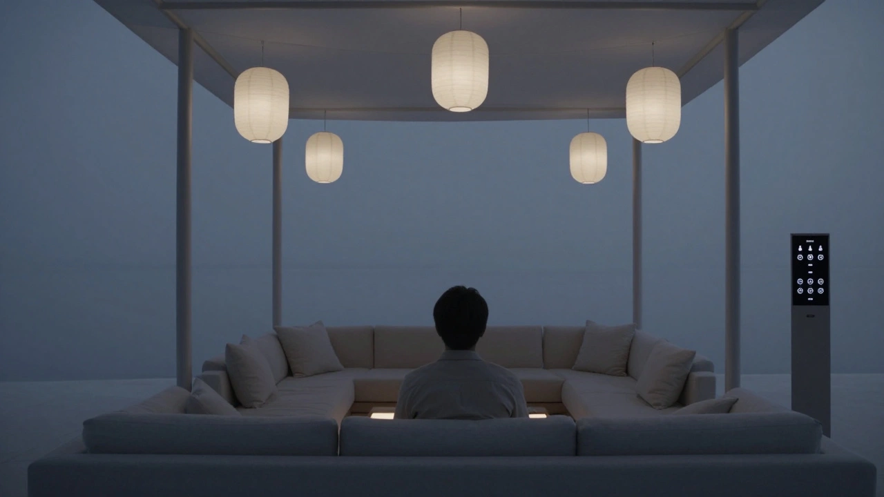 A person sits quietly in a sensory-friendly space with soft lanterns and a customizable control panel nearby.