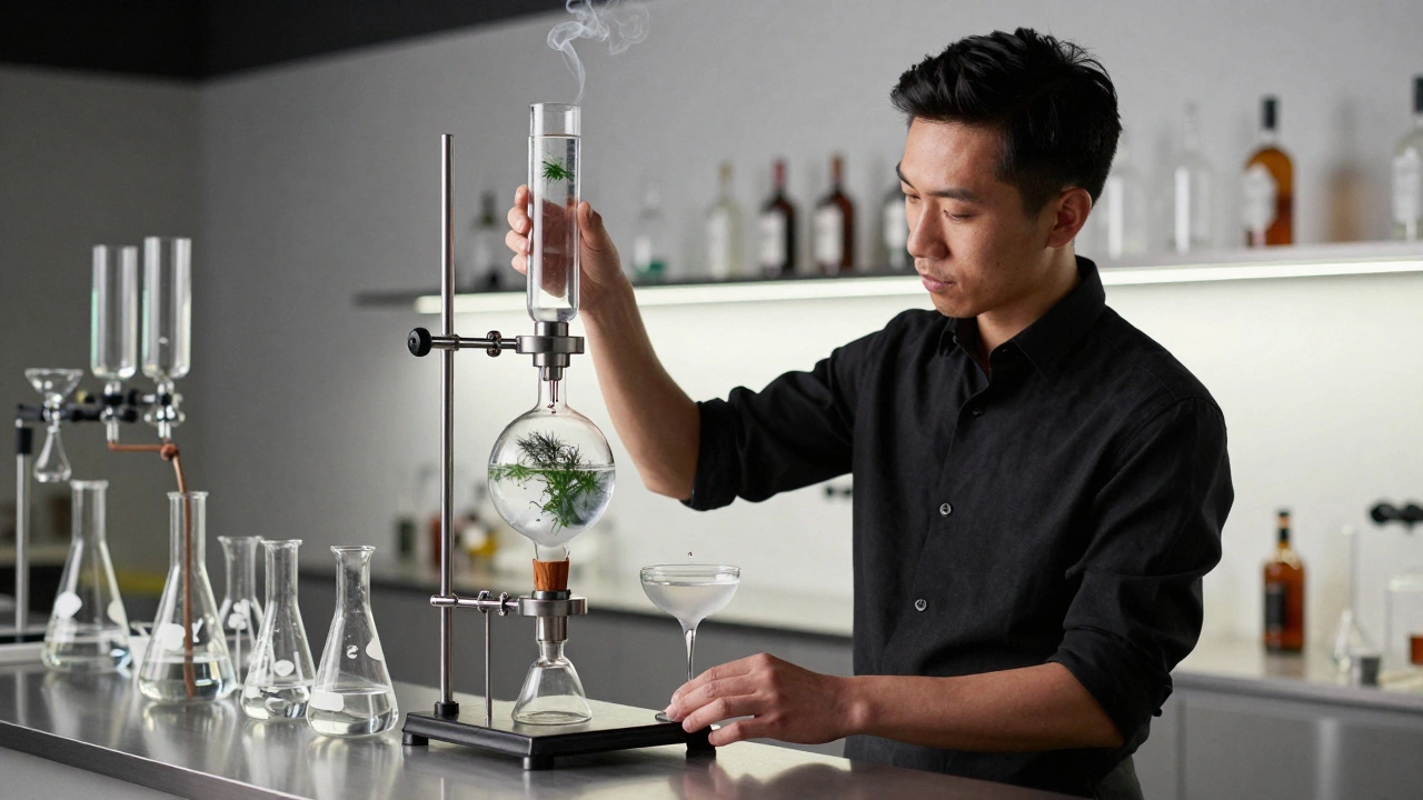 A precision-focused bar station where a bartender uses scientific equipment to craft a smoky aquavit cocktail.