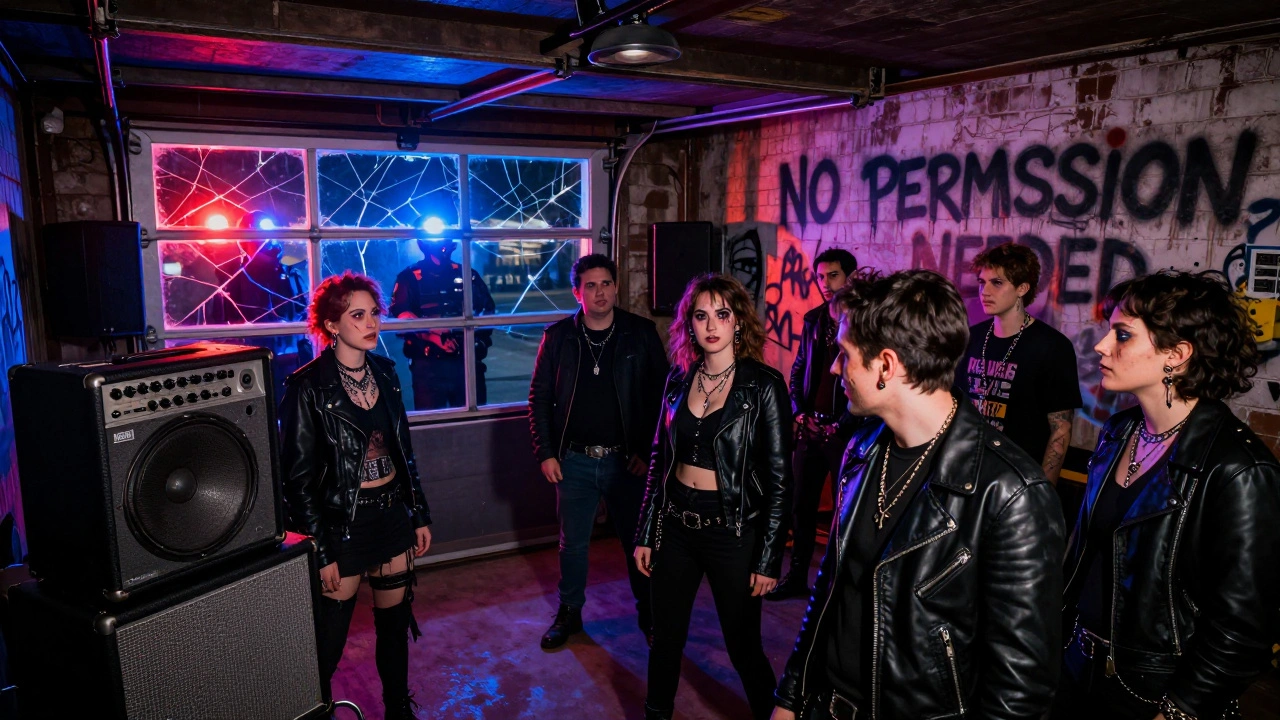 A queer punk party in a converted garage in Dalston, with a DIY sound system and crowd in bold attire, sirens flashing outside.