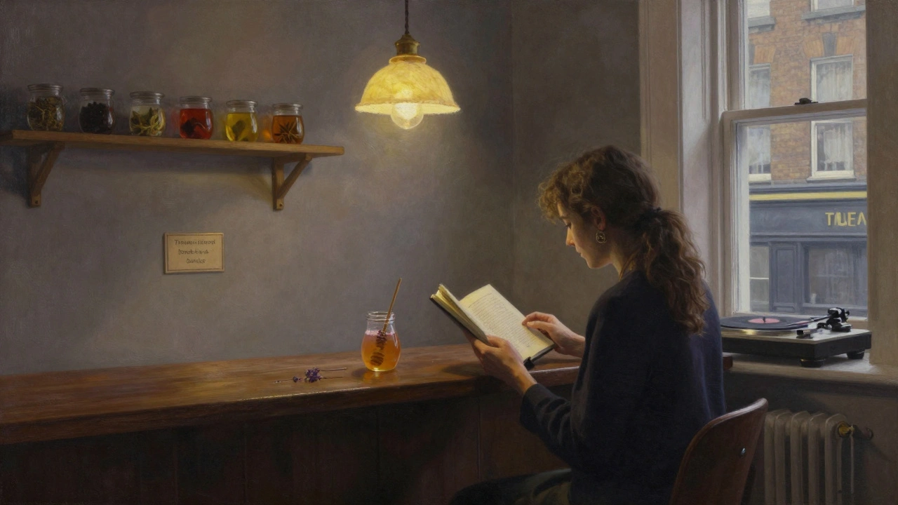 A quiet bar with a woman reading by a window, soft jazz playing, and herbal teas on display in a calming atmosphere.