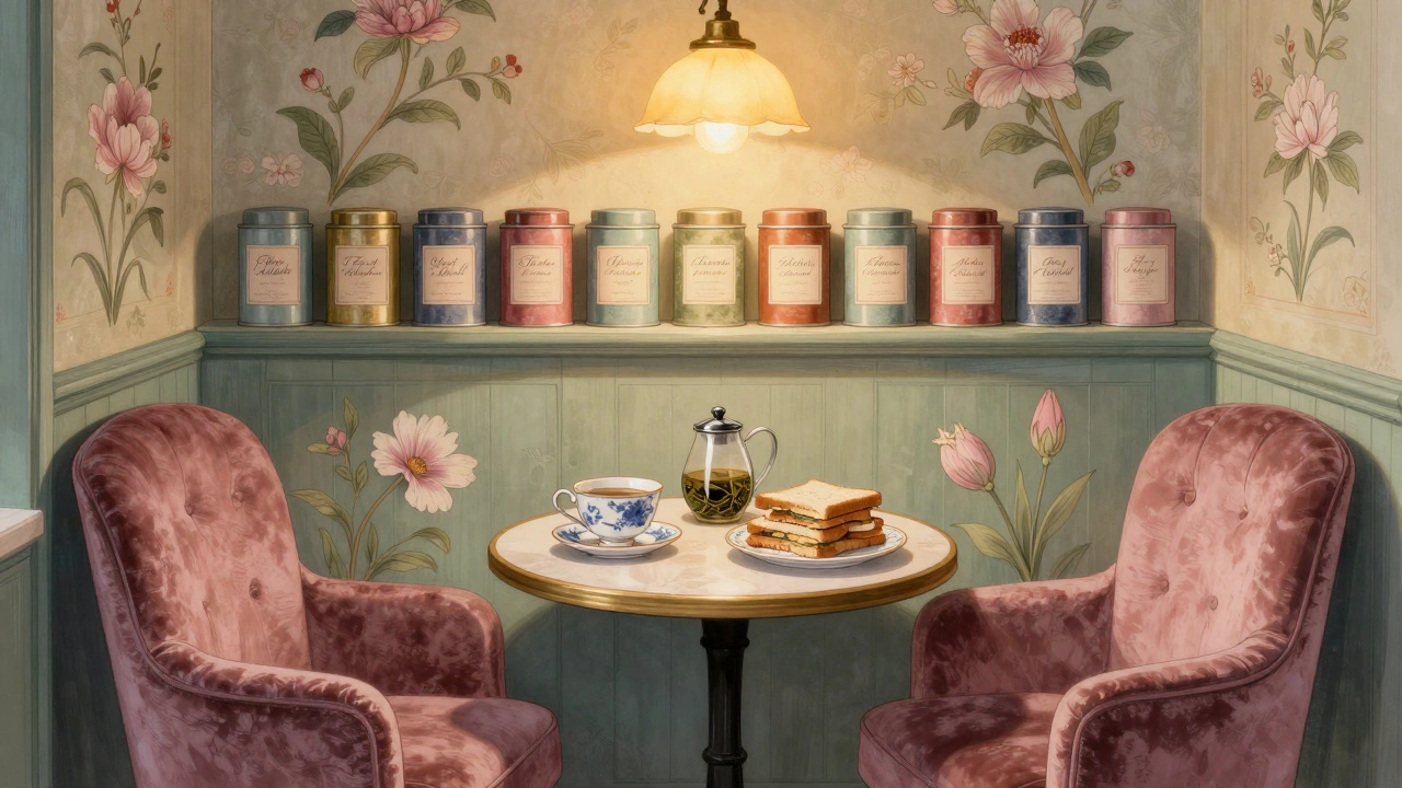 A quiet tea table in a floral-painted tea house with porcelain cups, loose-leaf tea infuser, and vintage tea tins on display.