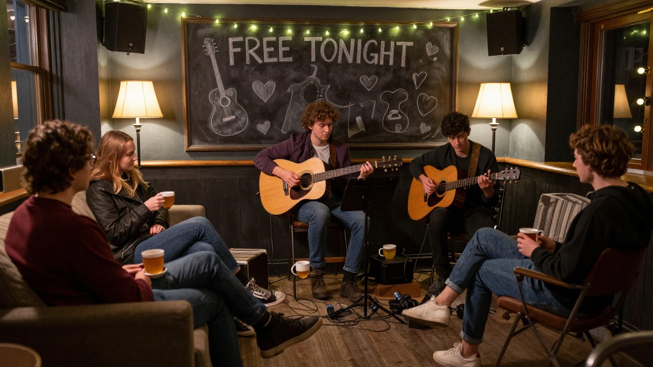 A small acoustic band performing in a university bar as students relax with tea, string lights and chalkboard reading 'FREE TONIGHT'.