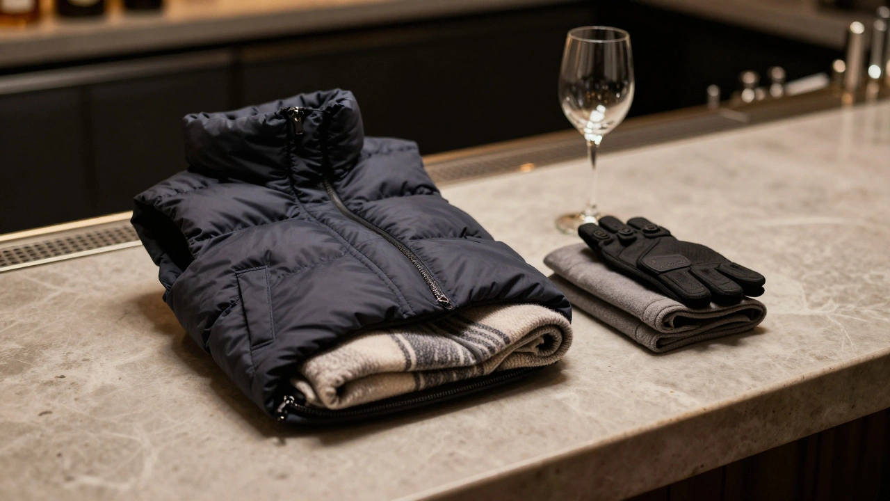 A small clutch bag open on a bar counter, revealing a foldable vest, scarf, and fingerless gloves for nighttime comfort.