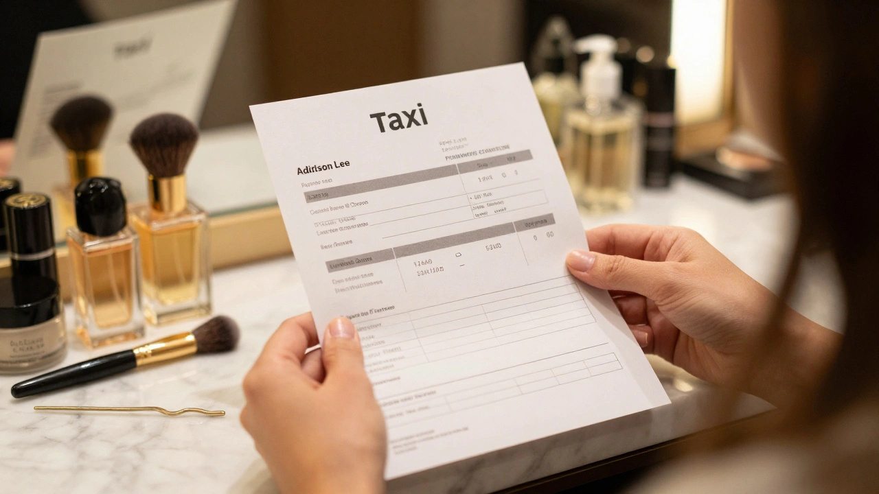 A taxi booking confirmation on a marble vanity next to makeup tools in a luxury salon.