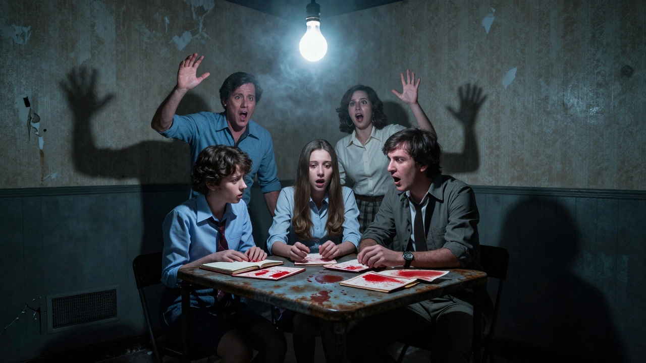 A team in a haunted asylum escape room surrounded by flickering lights and blood-red diary pages.