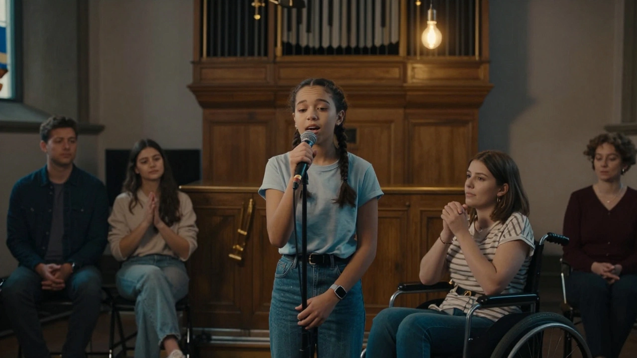 A teenage girl sings solo in a quiet church, the room hushed in awe as others listen with emotion.