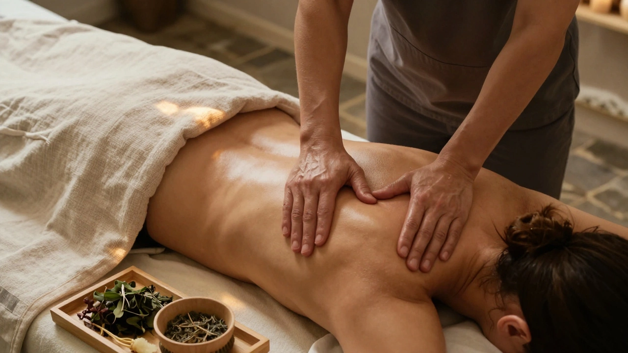 A therapist performing lymphatic drainage massage with seaweed wrap, surrounded by organic botanicals in a serene spa setting.