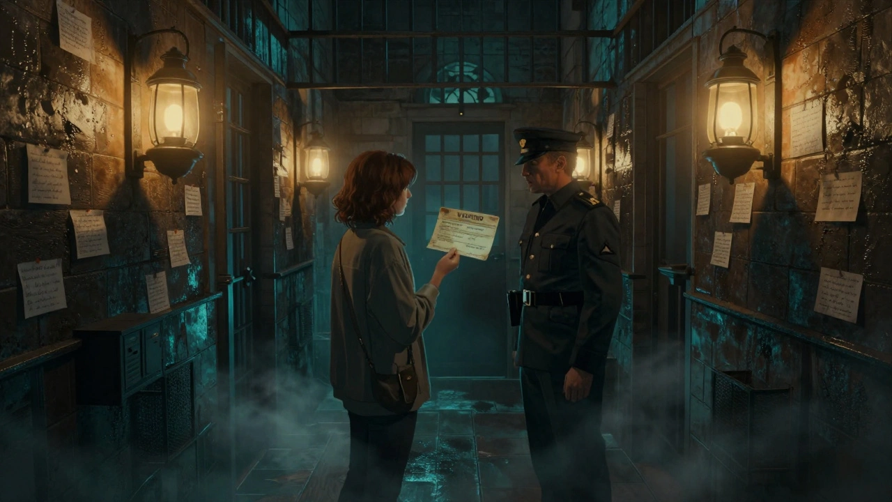 A visitor in a prison-themed immersive show receives a whispered secret from a guard among damp stone cells.