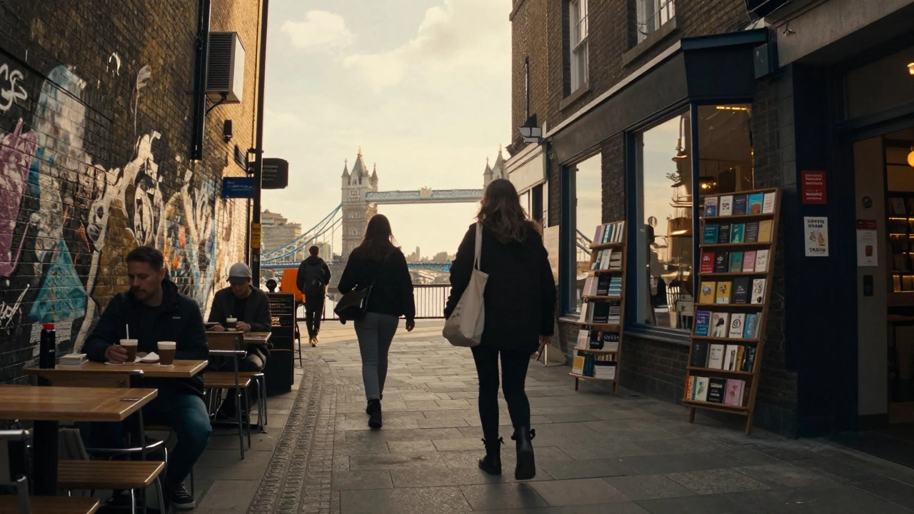 A walker passing street art and bookshops on the way from Shoreditch to the Thames.