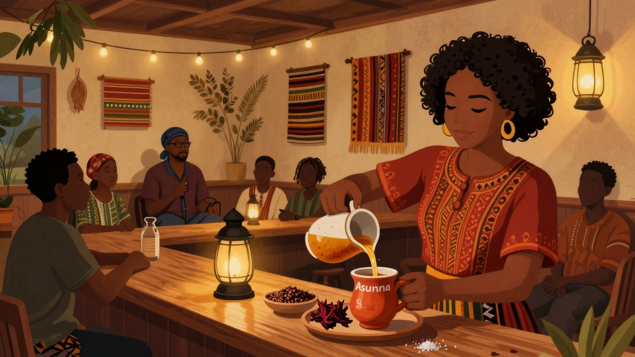 A woman pouring a West African-inspired cocktail while a group listens to a storyteller in a warmly lit basement bar.