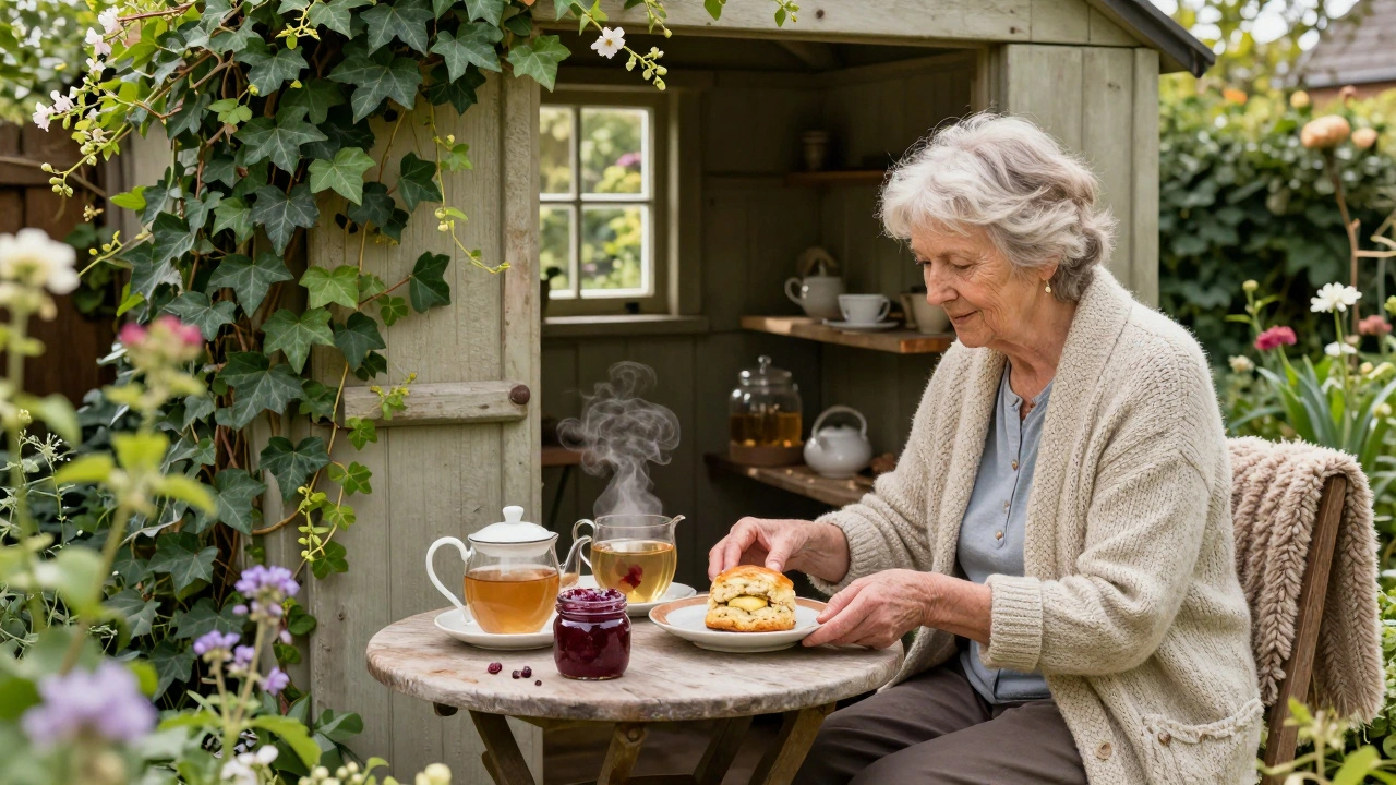 An elderly woman serving fresh scones and herbal tea in a garden shed tea house, surrounded by plants and soft sunlight.