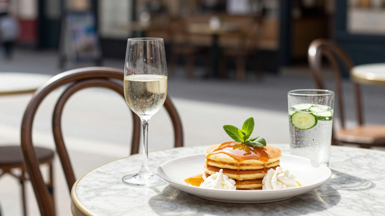 An empty brunch table with sparkling wine, pancakes, and cucumber water, symbolizing peace and connection in the City.