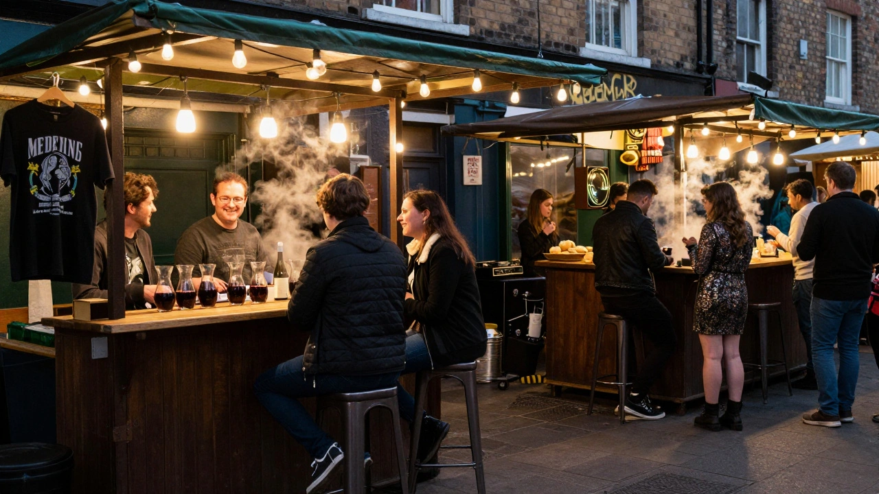 Brixton Village market at night, friends laughing over drinks and empanadas under fairy lights.