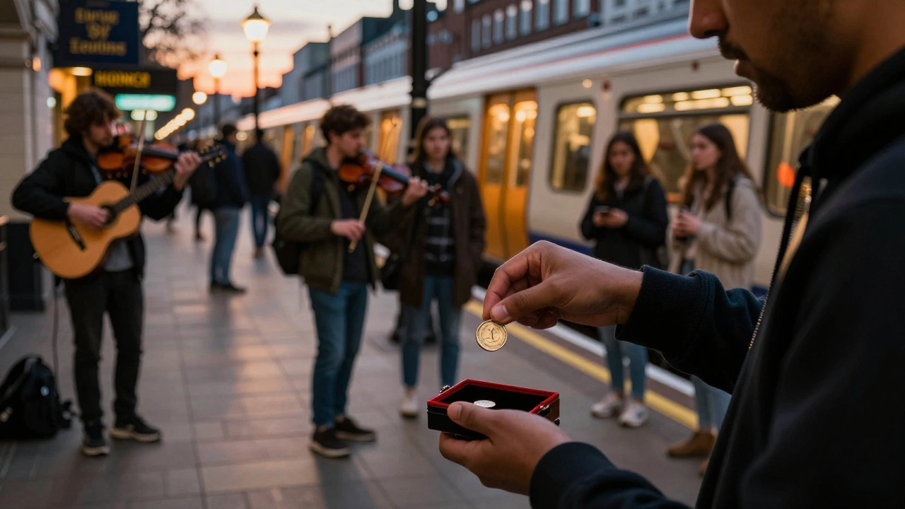 Buskers playing in a London tube station while students pause to listen, one dropping a coin into an open case.