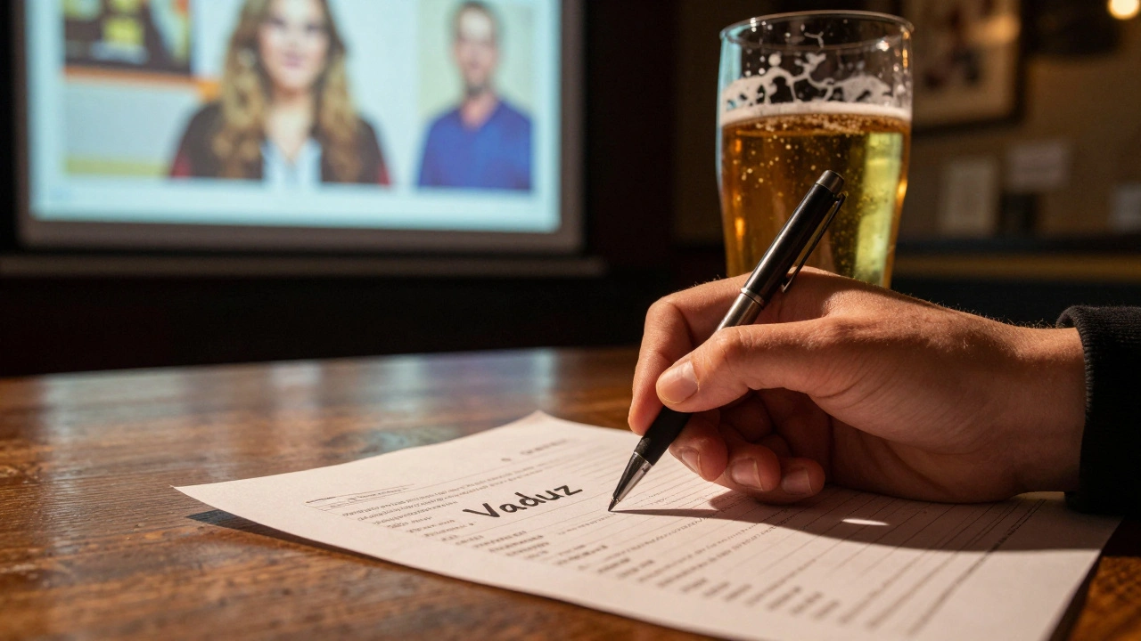 Close-up of a pen writing 'Vaduz' on a quiz sheet beside a pint of ale in a London pub