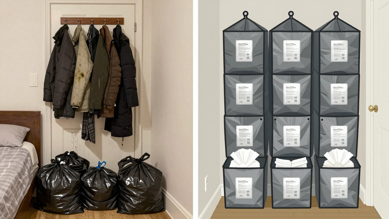 Cluttered vs organized storage: chaotic trash bags versus neat labeled bins for coats and bags.