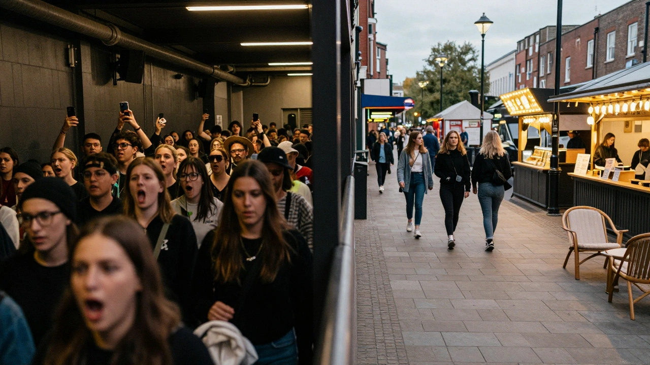 Contrasting scenes: chaotic crowd exiting a narrow venue vs. peaceful group walking past food stalls at a spacious venue.