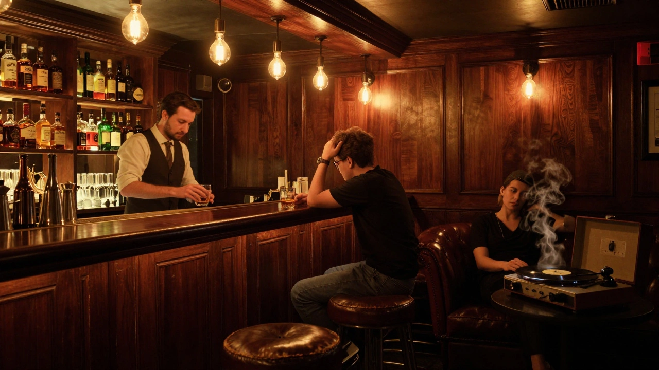 Cozy indoor bar with wooden interior, dim lighting, and a lone patron drinking whiskey by a vinyl record player.