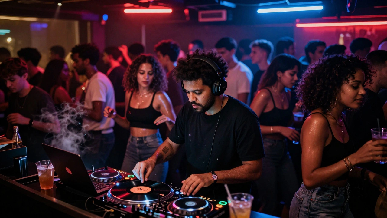 Crowd dancing in a London club as a powerful track drops under pulsing neon lights.