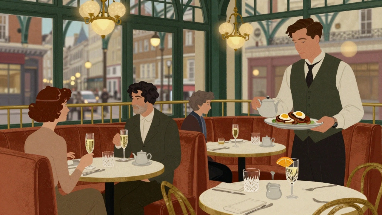 Elegant 1920s-style café interior at The Ivy Market Grill with patrons sipping sparkling wine, brass details, and soft lighting casting a warm glow.