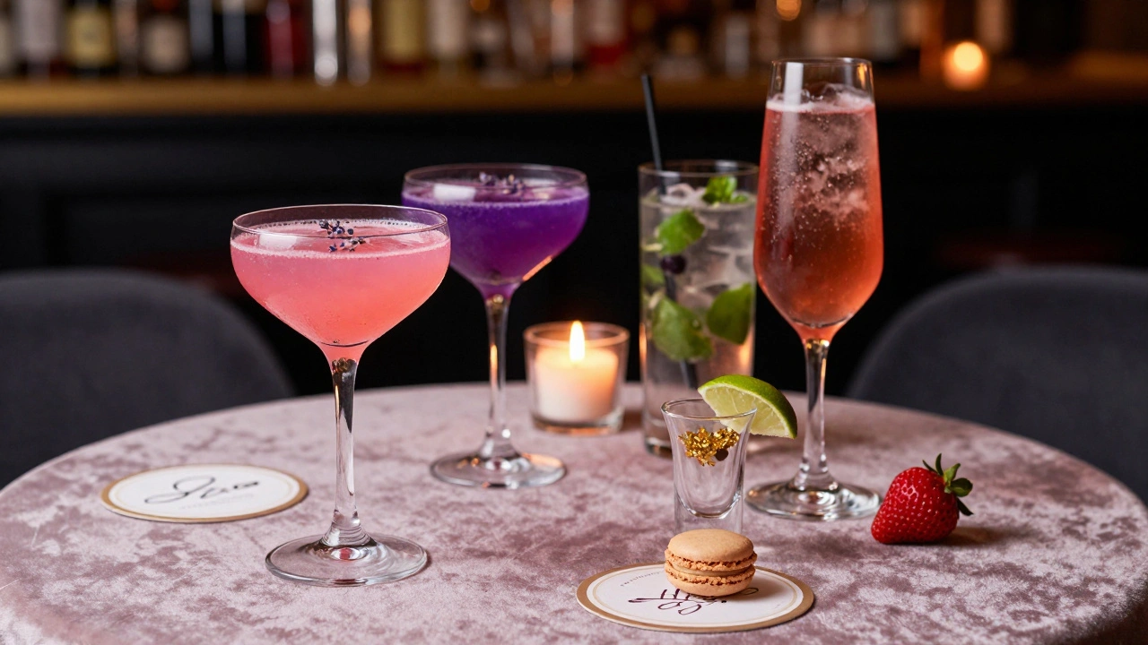 Elegant cocktail and shot presentation with branded coaster and sweet treats on a velvet table.