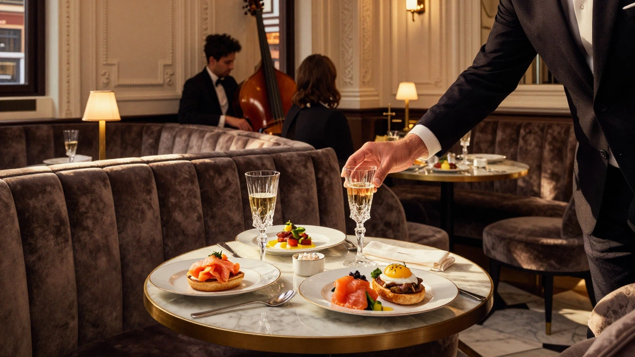 Elegant dining room at The Wolseley with guests sipping Champagne, velvet booths, and fine china under soft lighting.