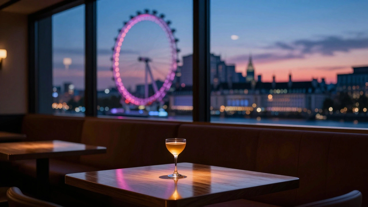Empty glass-fronted booth at a London restaurant reflecting neon city lights, a cocktail glass glowing softly under twilight hues.