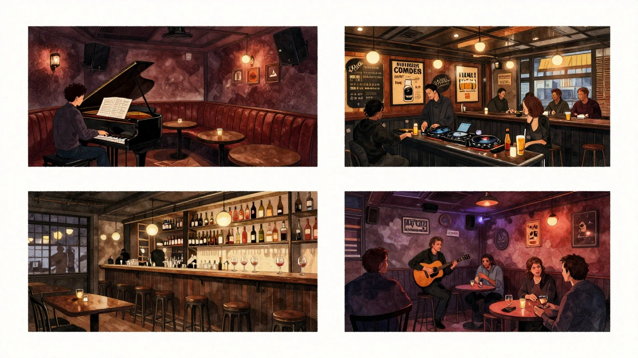 Four distinct London nightlife scenes: jazz lounge, pub, wine bar, and live music venue, each with unique vibe indicators.