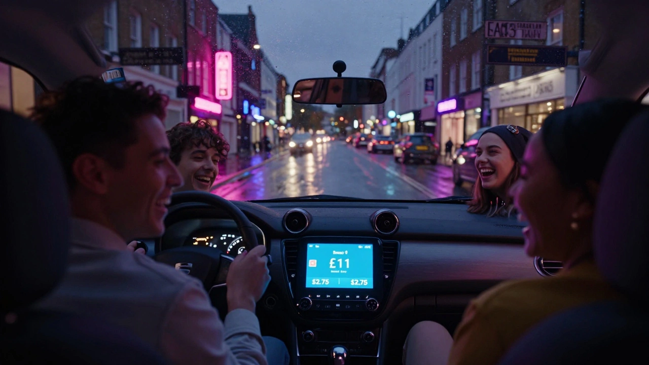 Four friends in a pooled car share at night, passing neon-lit London streets with fare split visible on dashboard.