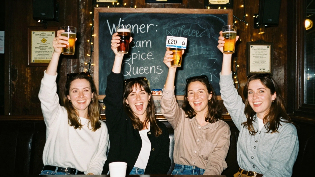 Four women celebrating with pints and a prize after winning a pub quiz in London