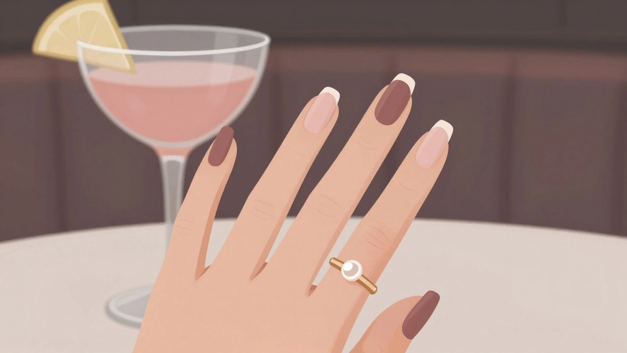 French manicure with pearl detail in a London lounge.