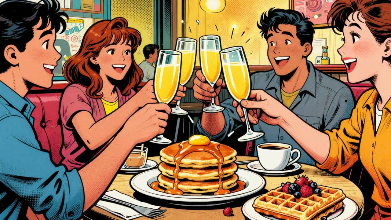 Friends clinking mimosas with pancakes and coffee at a Shoreditch café