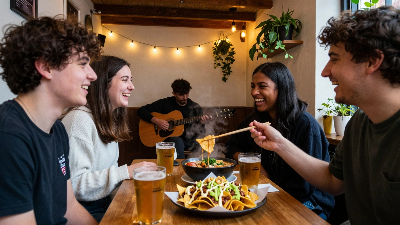 Friends enjoying vegan ramen and nachos at a cozy bar with live music and fairy lights.