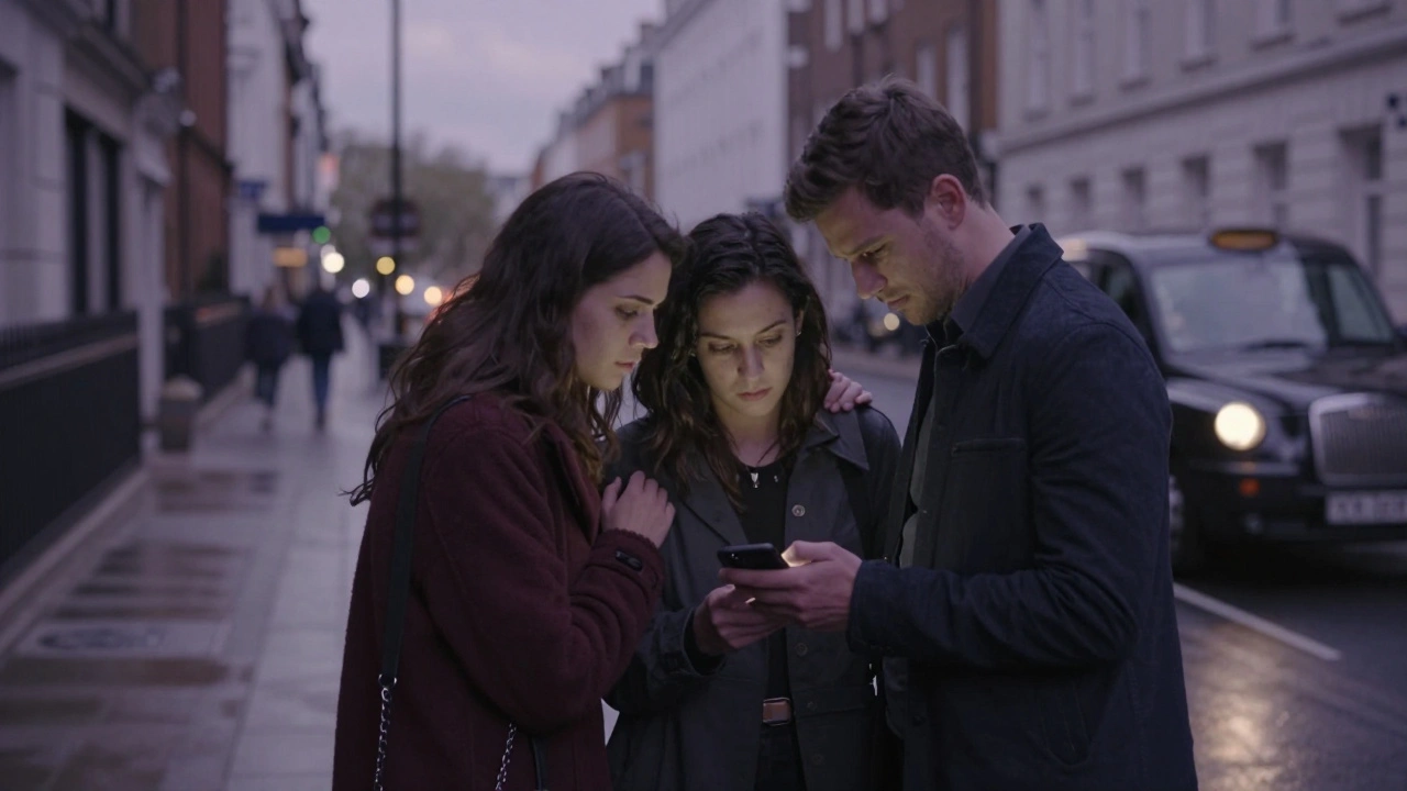 Friends helping a companion walk safely at night in London, with a taxi visible in the background.