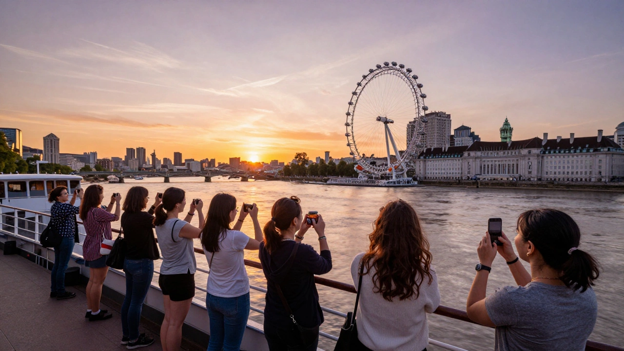 Friends on a Thames riverboat at sunset, capturing London skyline with their phones.