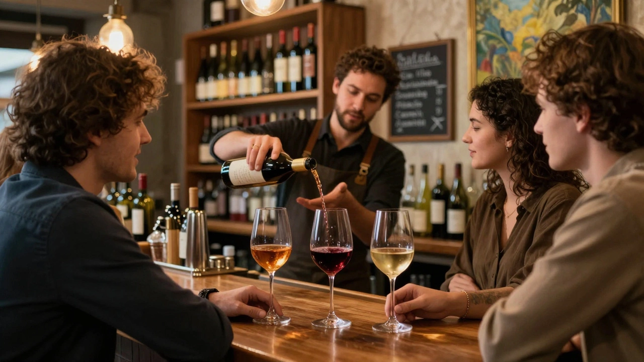 Friends tasting three different wines at a cozy wine bar, with bottles and chalkboard labels in the background.
