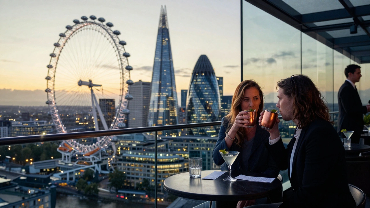 Glass-walled terrace with panoramic London skyline, couple sipping cocktails as golden hour lights up the Shard and London Eye.
