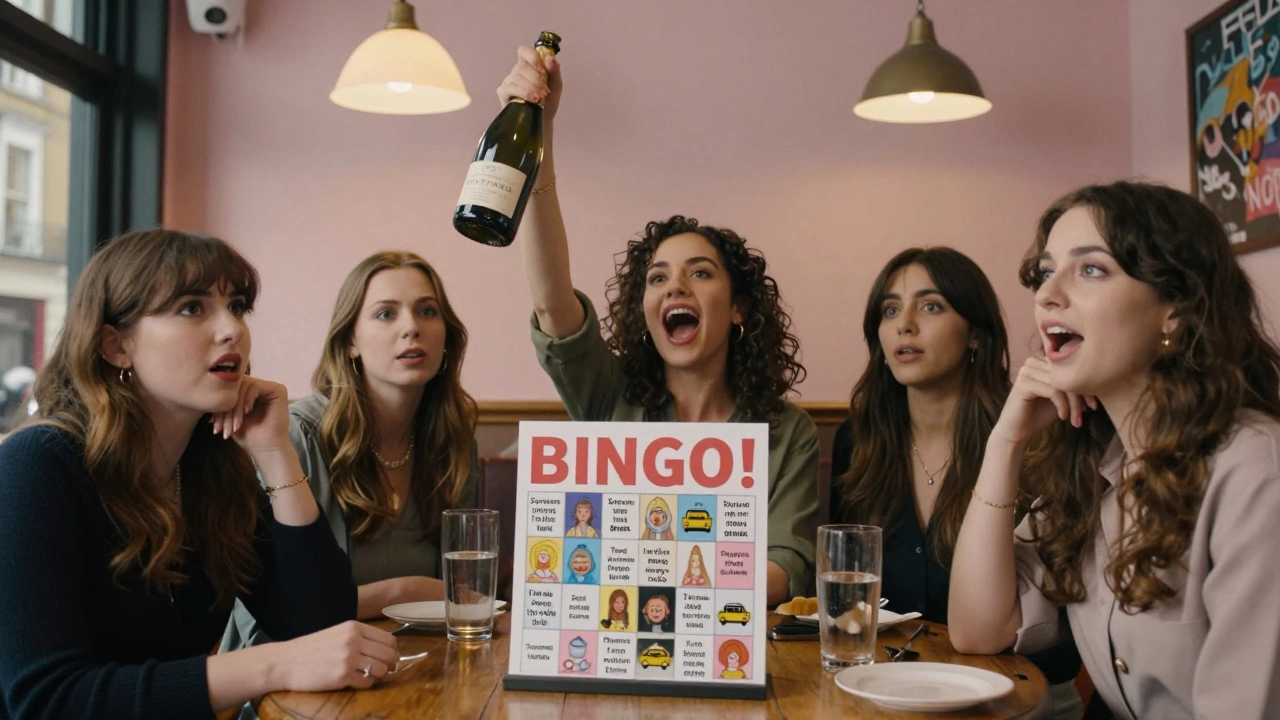 Group of friends celebrating a bingo win in a London-style setting, holding up a bottle of prosecco with a themed bingo card visible.