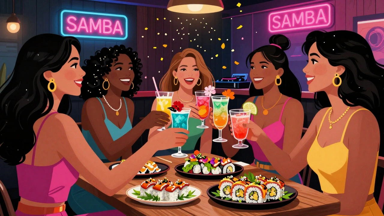 Group of friends celebrating with colorful cocktails and Peruvian-Japanese fusion dishes in a vibrant restaurant.