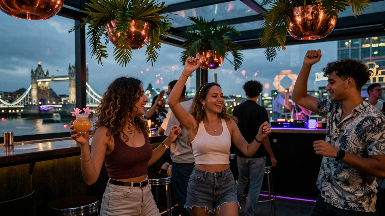 Group of friends enjoying cocktails and music at a vibrant rooftop bar with tropical plants and glowing city views.