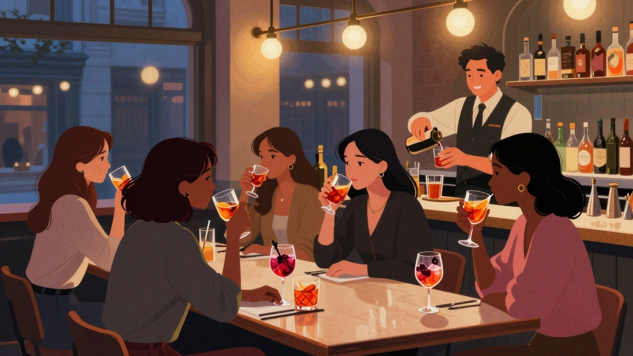 Group of friends sipping drinks at a communal table in a dimly lit Soho bar with string lights above.